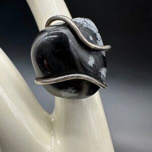 Vintage Statement Ring Snowflake Obsidian Stone Silver Toned Wire Wrap Size 5